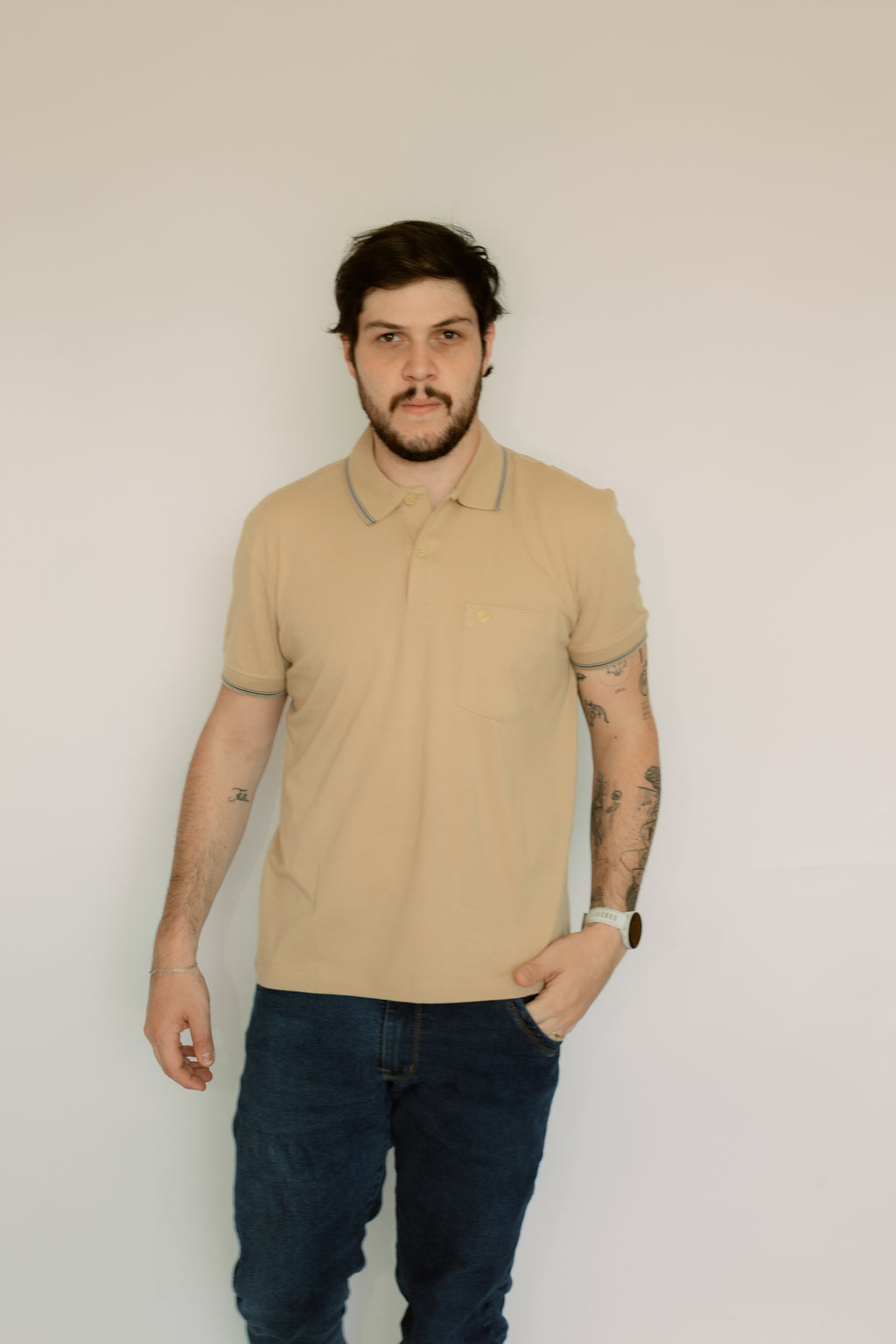 Camisa Polo Lisa Elastano Com Bolso E Punho