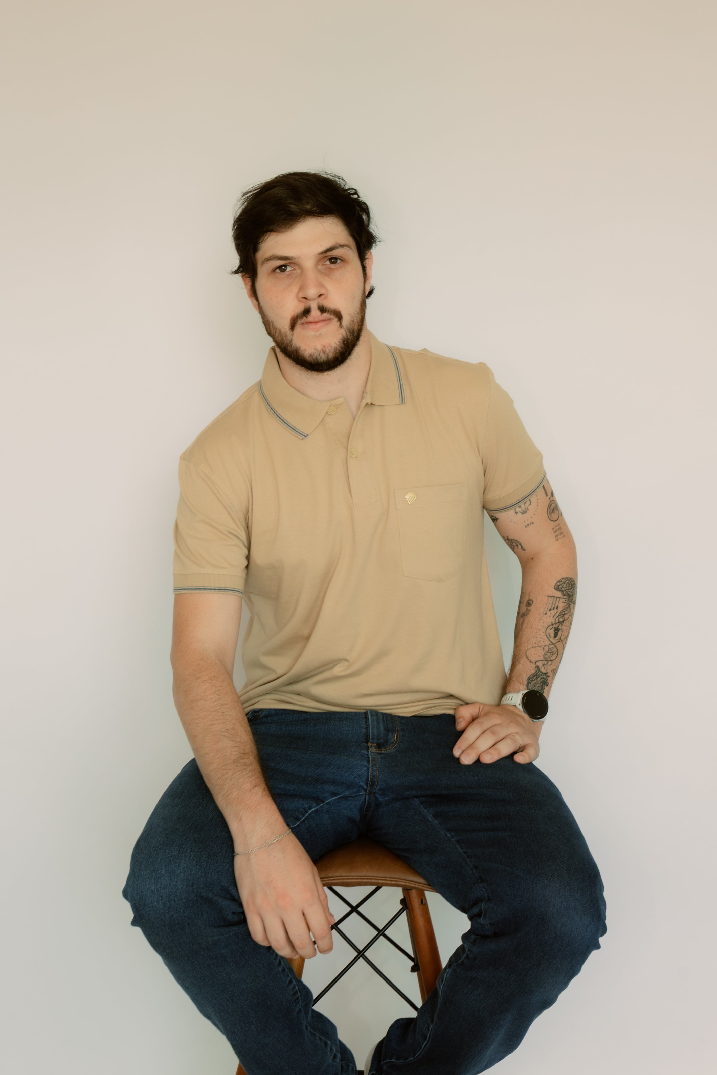 Camisa Polo Lisa Elastano Com Bolso E Punho