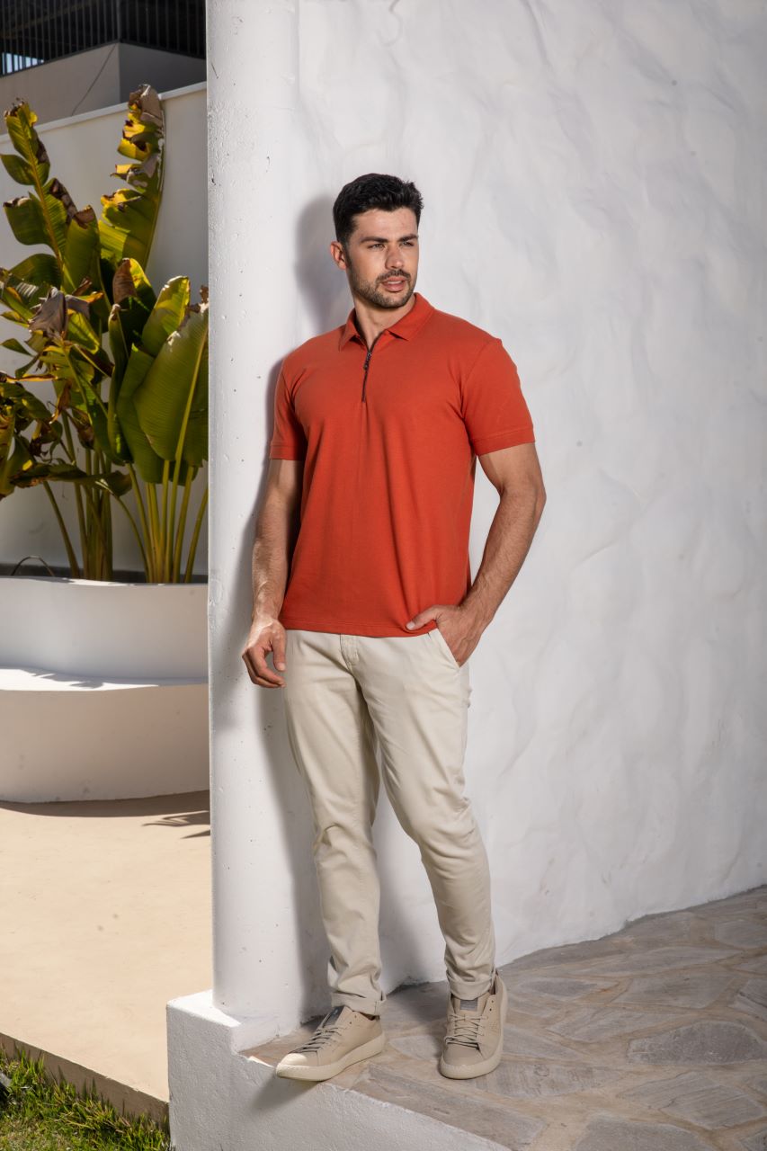 Camisa Polo Piquet com Zípper - Laranja